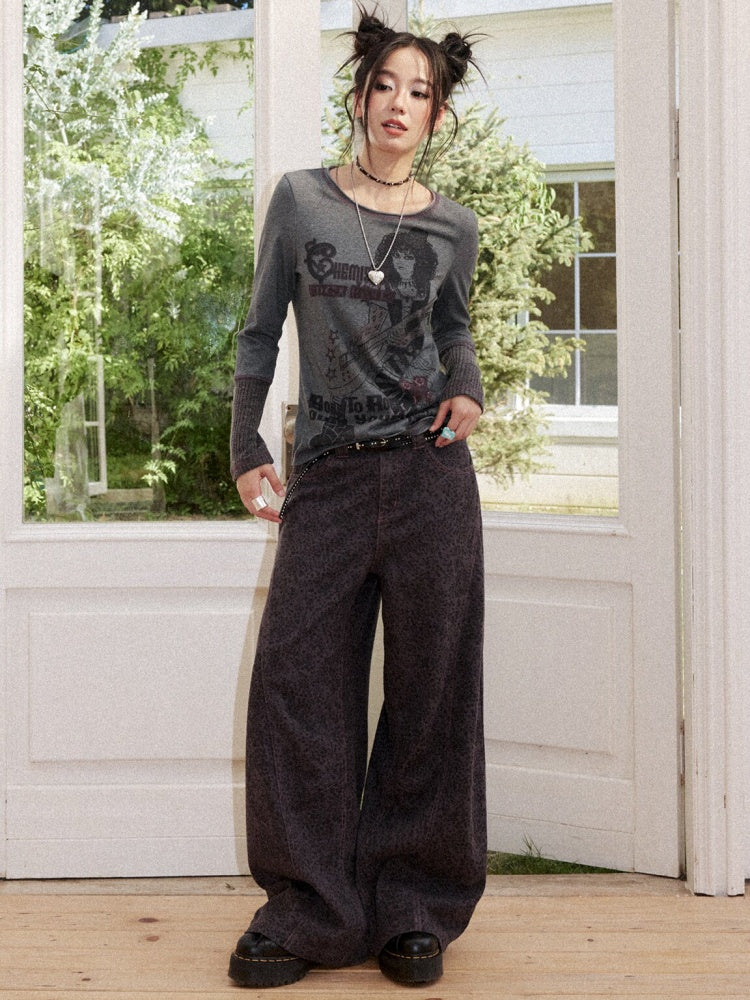 Retro Rock Print Patchwork Ribbed Slimming Crew Neck Long-Sleeve T-Shirt【s0000018167】