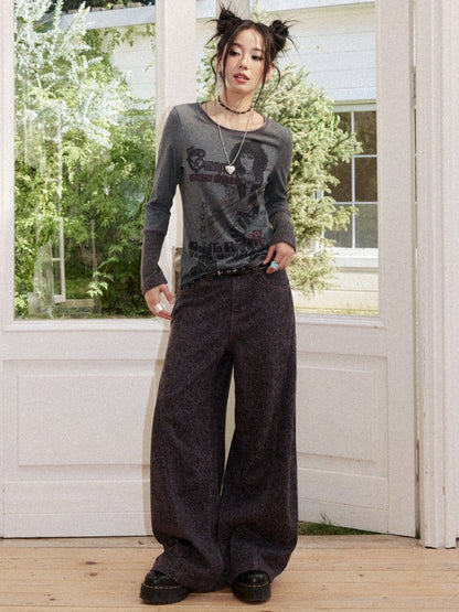 Retro Rock Print Patchwork Ribbed Slimming Crew Neck Long-Sleeve T-Shirt【s0000018167】