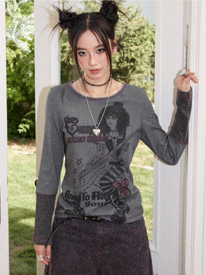 Retro Rock Print Patchwork Ribbed Slimming Crew Neck Long-Sleeve T-Shirt【s0000018167】