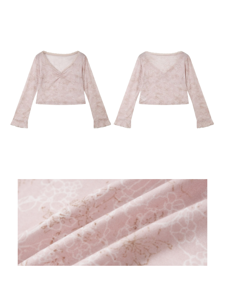 Retro Slightly Flared Cuff Short Lace Print V-Neck Long Sleeve T-Shirt【s0000018168】