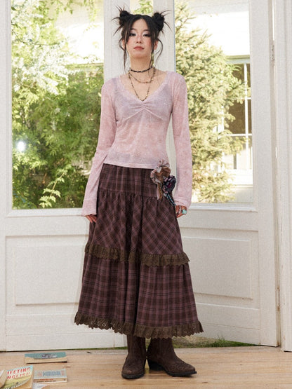 Retro Slightly Flared Cuff Short Lace Print V-Neck Long Sleeve T-Shirt【s0000018168】