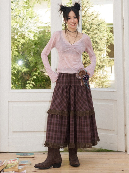 Retro Slightly Flared Cuff Short Lace Print V-Neck Long Sleeve T-Shirt【s0000018168】