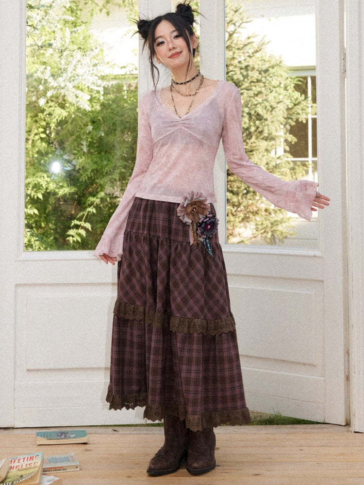 Retro Slightly Flared Cuff Short Lace Print V-Neck Long Sleeve T-Shirt【s0000018168】