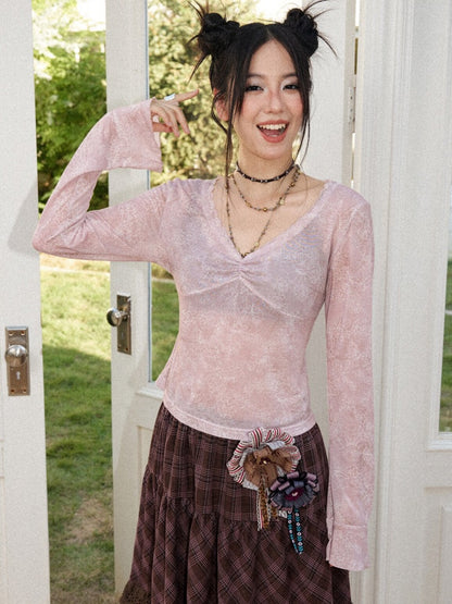 Retro Slightly Flared Cuff Short Lace Print V-Neck Long Sleeve T-Shirt【s0000018168】