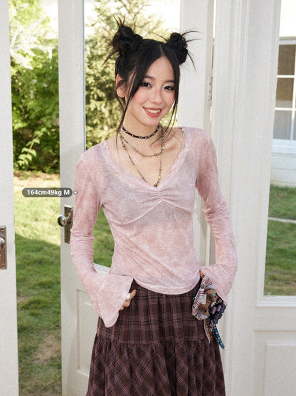 Retro Slightly Flared Cuff Short Lace Print V-Neck Long Sleeve T-Shirt【s0000018168】