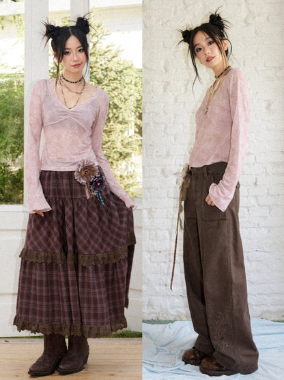 Retro Slightly Flared Cuff Short Lace Print V-Neck Long Sleeve T-Shirt【s0000018168】