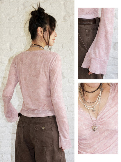 Retro Slightly Flared Cuff Short Lace Print V-Neck Long Sleeve T-Shirt【s0000018168】