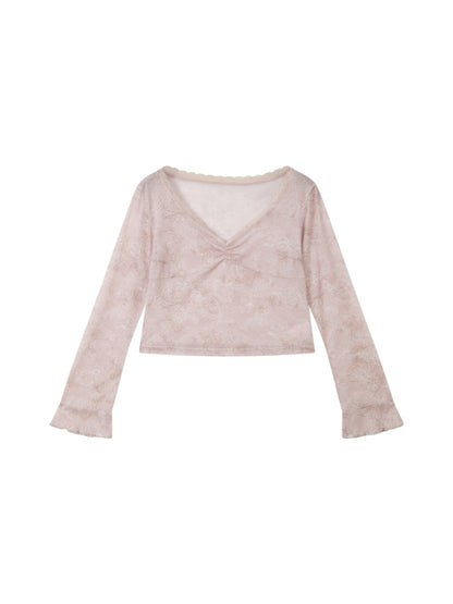 Retro Slightly Flared Cuff Short Lace Print V-Neck Long Sleeve T-Shirt【s0000018168】