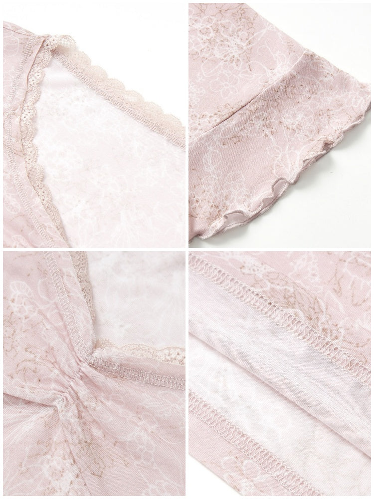 Retro Slightly Flared Cuff Short Lace Print V-Neck Long Sleeve T-Shirt【s0000018168】