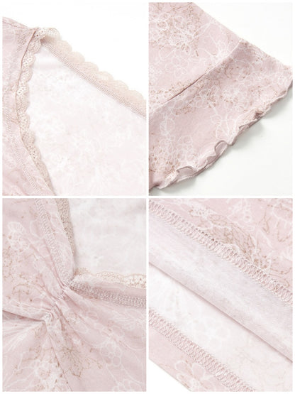 Retro Slightly Flared Cuff Short Lace Print V-Neck Long Sleeve T-Shirt【s0000018168】