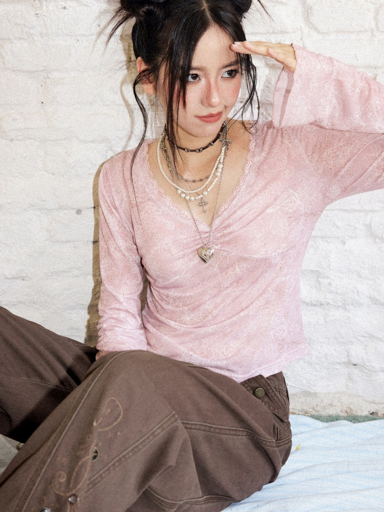 Retro Slightly Flared Cuff Short Lace Print V-Neck Long Sleeve T-Shirt【s0000018168】
