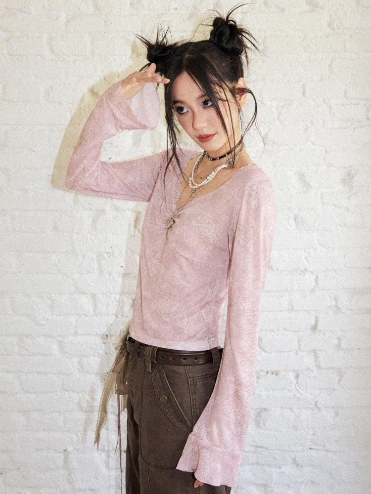 Retro Slightly Flared Cuff Short Lace Print V-Neck Long Sleeve T-Shirt【s0000018168】