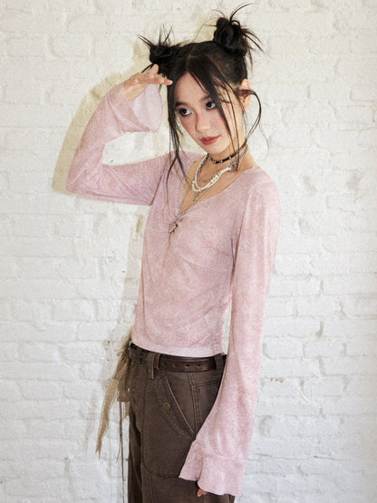 Retro Slightly Flared Cuff Short Lace Print V-Neck Long Sleeve T-Shirt【s0000018168】
