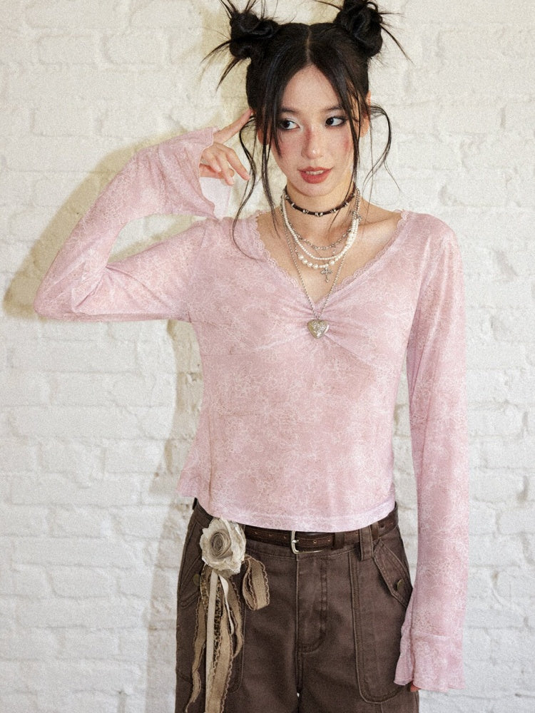 Retro Slightly Flared Cuff Short Lace Print V-Neck Long Sleeve T-Shirt【s0000018168】