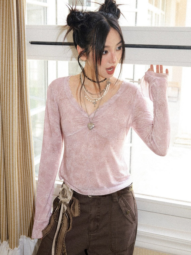 Retro Slightly Flared Cuff Short Lace Print V-Neck Long Sleeve T-Shirt【s0000018168】