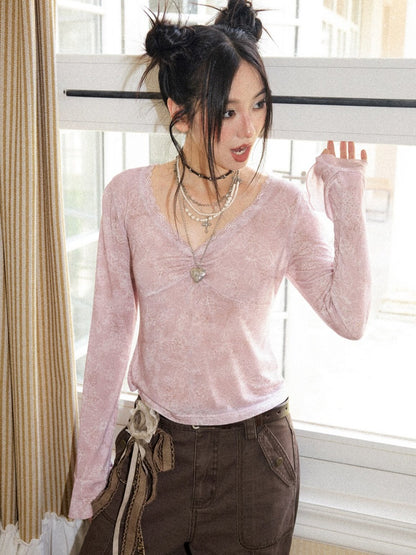 Retro Slightly Flared Cuff Short Lace Print V-Neck Long Sleeve T-Shirt【s0000018168】