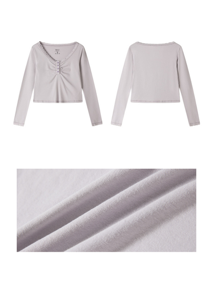Slim Cropped High-Stretch Knit Layered Low-Neck Long-Sleeve T-Shirt【s0000018169】