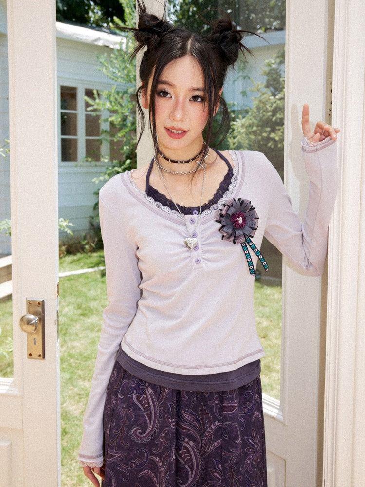 Slim Cropped High-Stretch Knit Layered Low-Neck Long-Sleeve T-Shirt【s0000018169】