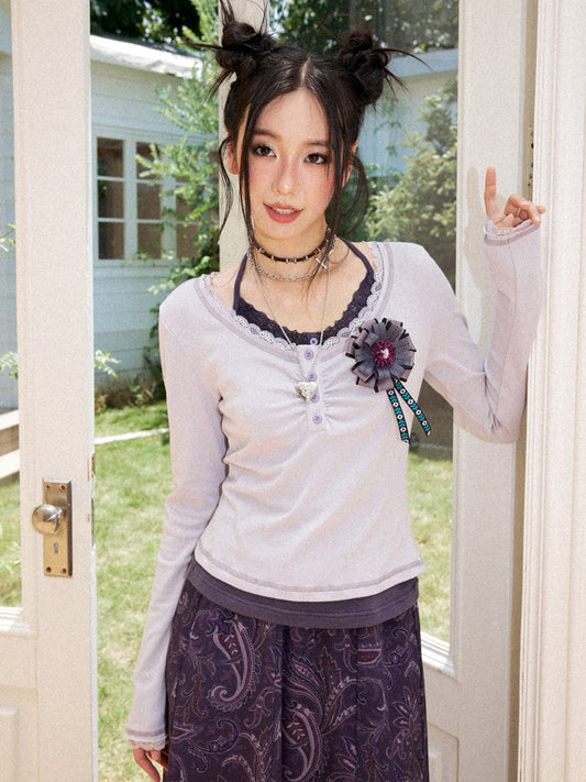 Slim Cropped High-Stretch Knit Layered Low-Neck Long-Sleeve T-Shirt【s0000018169】