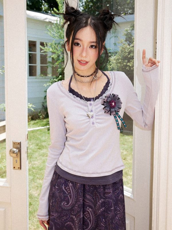 Slim Cropped High-Stretch Knit Layered Low-Neck Long-Sleeve T-Shirt【s0000018169】