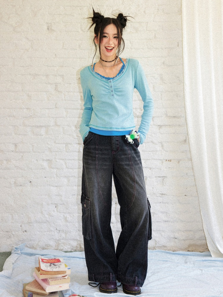 Slim Cropped High-Stretch Knit Layered Low-Neck Long-Sleeve T-Shirt【s0000018169】