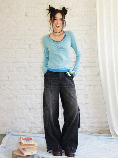 Slim Cropped High-Stretch Knit Layered Low-Neck Long-Sleeve T-Shirt【s0000018169】