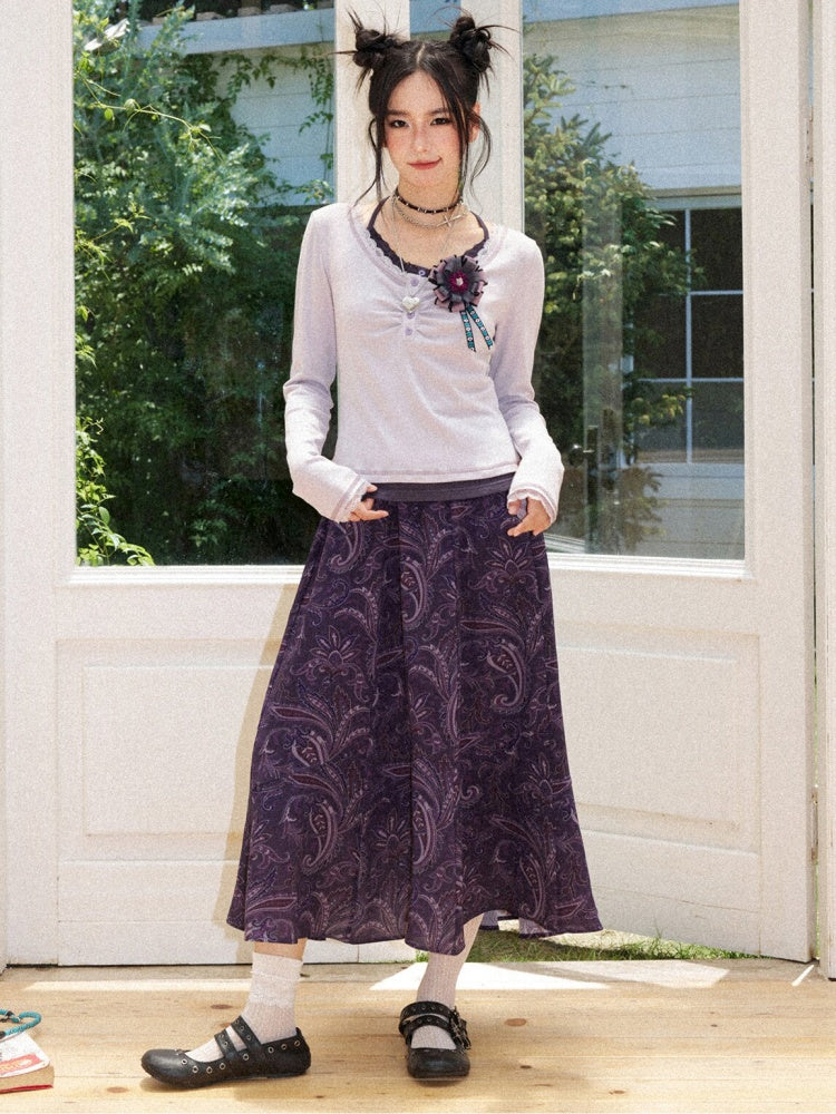 Slim Cropped High-Stretch Knit Layered Low-Neck Long-Sleeve T-Shirt【s0000018169】
