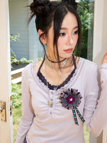 Slim Cropped High-Stretch Knit Layered Low-Neck Long-Sleeve T-Shirt【s0000018169】