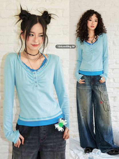 Slim Cropped High-Stretch Knit Layered Low-Neck Long-Sleeve T-Shirt【s0000018169】
