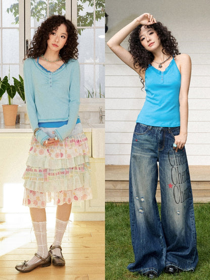Slim Cropped High-Stretch Knit Layered Low-Neck Long-Sleeve T-Shirt【s0000018169】