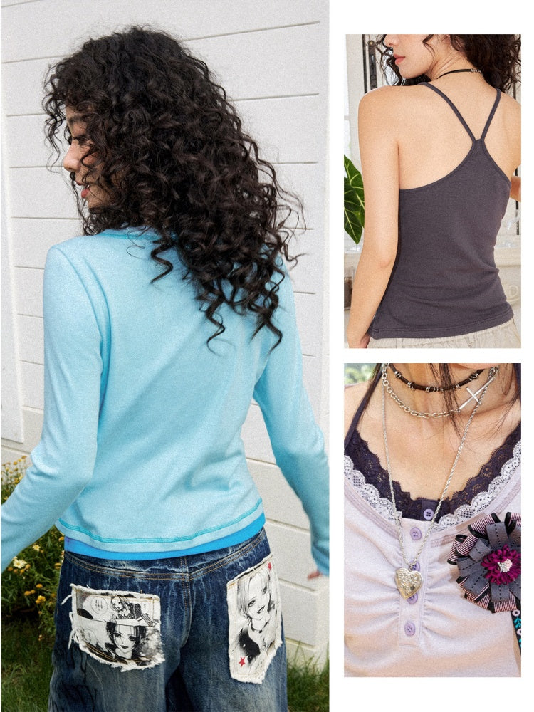 Slim Cropped High-Stretch Knit Layered Low-Neck Long-Sleeve T-Shirt【s0000018169】