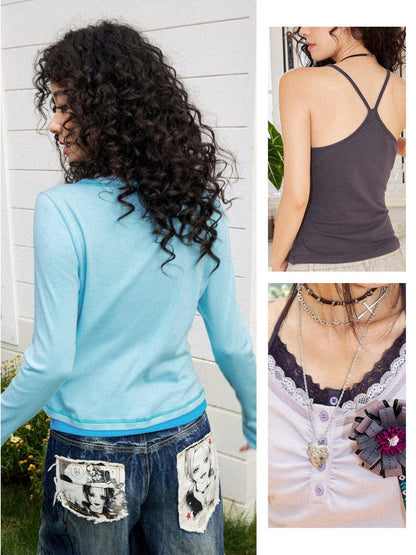 Slim Cropped High-Stretch Knit Layered Low-Neck Long-Sleeve T-Shirt【s0000018169】