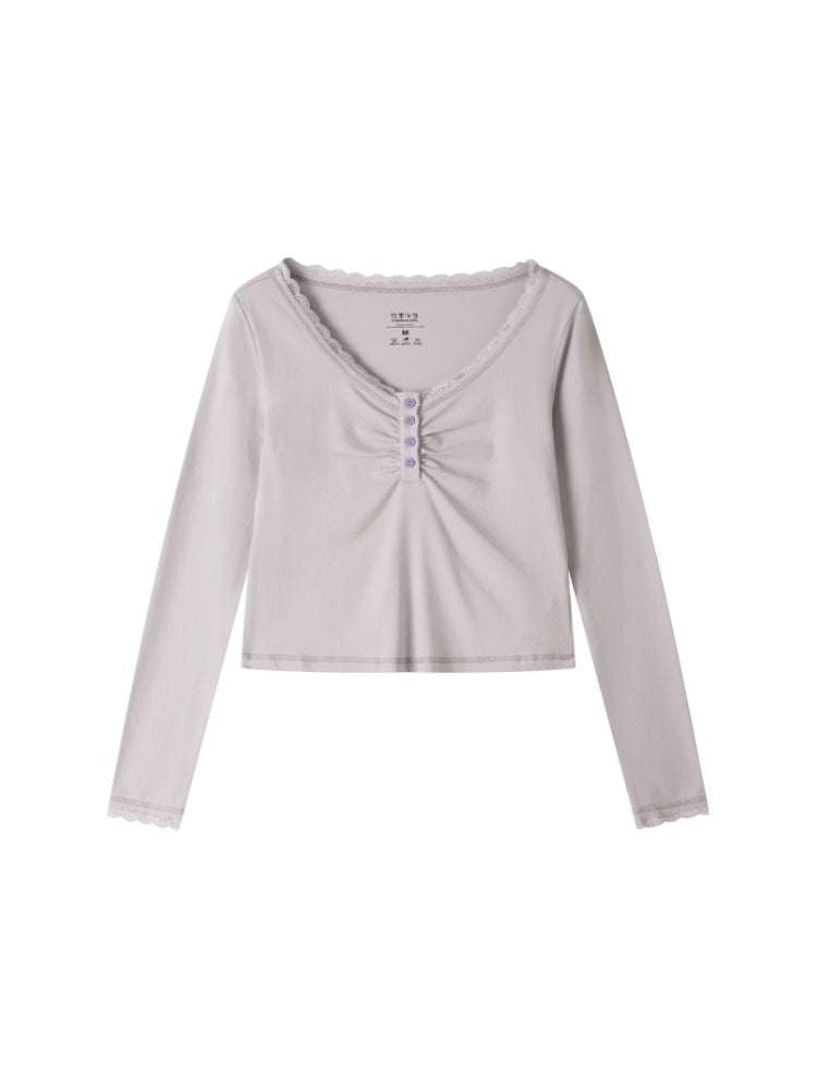 Slim Cropped High-Stretch Knit Layered Low-Neck Long-Sleeve T-Shirt【s0000018169】