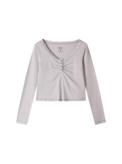 Slim Cropped High-Stretch Knit Layered Low-Neck Long-Sleeve T-Shirt【s0000018169】