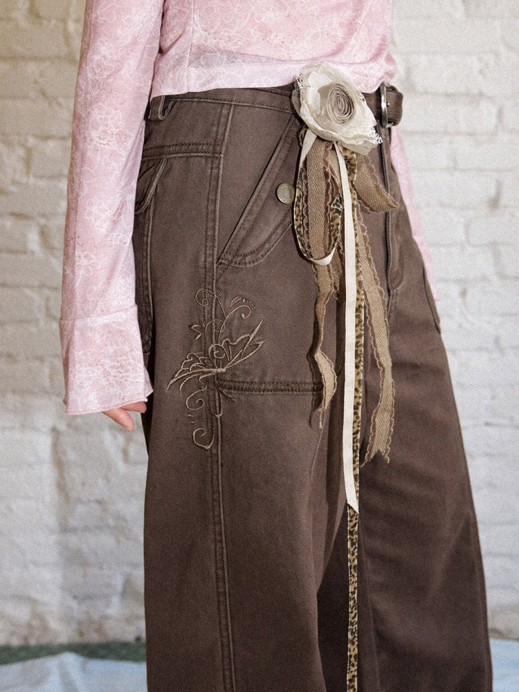 Wilderness Butterfly Shadow Vintage Straight-Wide-Leg Distressed Casual Loose Cargo Pants【s0000018170】