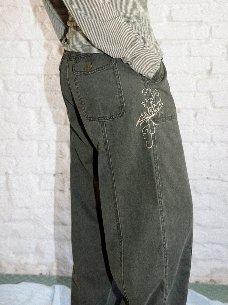 Wilderness Butterfly Shadow Vintage Straight-Wide-Leg Distressed Casual Loose Cargo Pants【s0000018170】