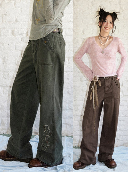 Wilderness Butterfly Shadow Vintage Straight-Wide-Leg Distressed Casual Loose Cargo Pants【s0000018170】