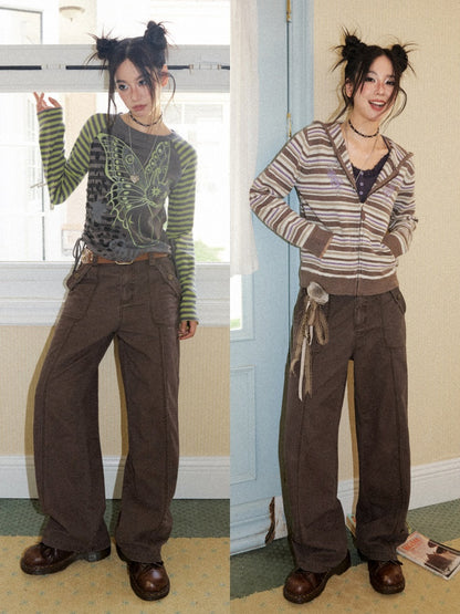 Wilderness Butterfly Shadow Vintage Straight-Wide-Leg Distressed Casual Loose Cargo Pants【s0000018170】
