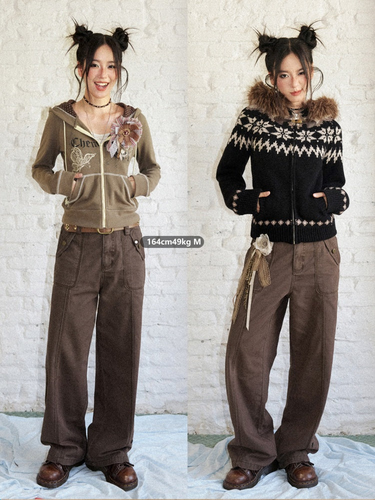 Wilderness Butterfly Shadow Vintage Straight-Wide-Leg Distressed Casual Loose Cargo Pants【s0000018170】