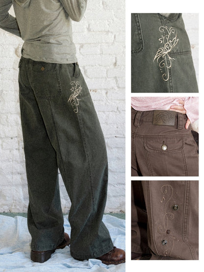 Wilderness Butterfly Shadow Vintage Straight-Wide-Leg Distressed Casual Loose Cargo Pants【s0000018170】