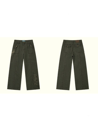 Wilderness Butterfly Shadow Vintage Straight-Wide-Leg Distressed Casual Loose Cargo Pants【s0000018170】