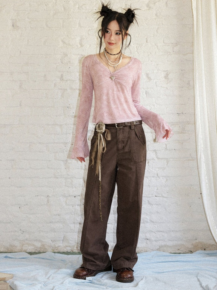 Wilderness Butterfly Shadow Vintage Straight-Wide-Leg Distressed Casual Loose Cargo Pants【s0000018170】