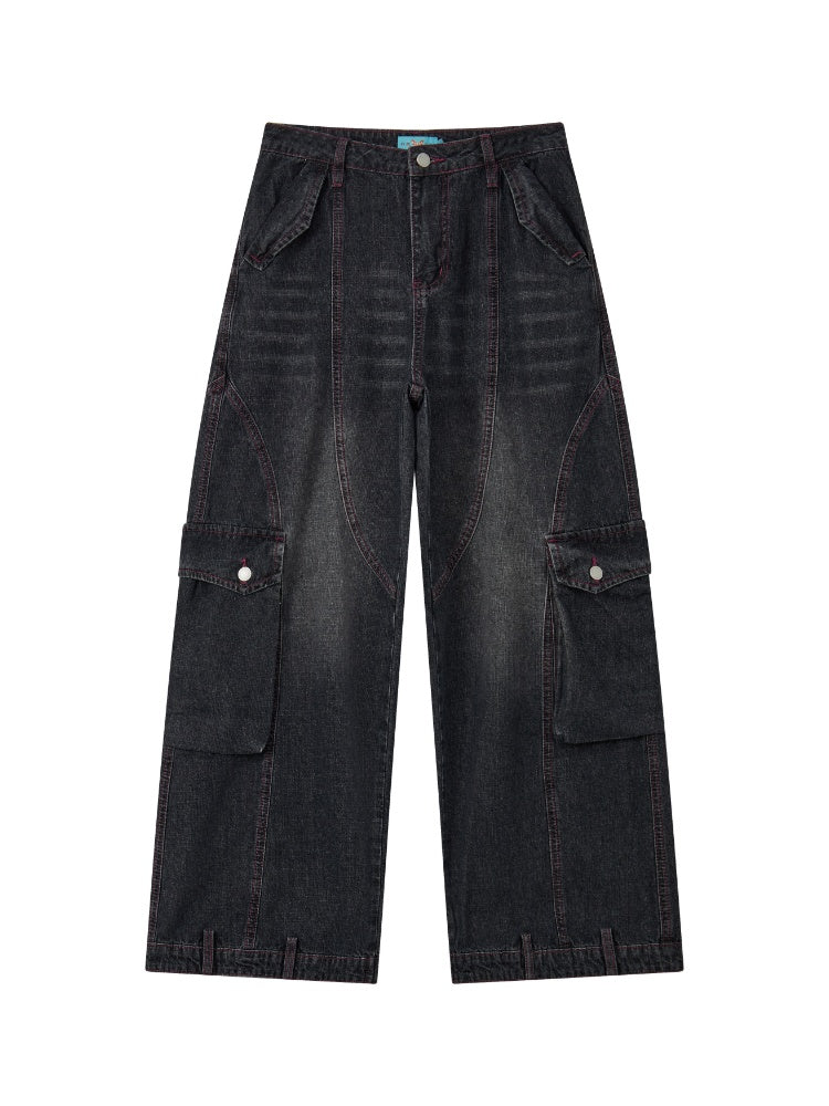 Washed Heavy Industry Vintage Wide-Leg Large Pocket Workwear Jeans【s0000018171】
