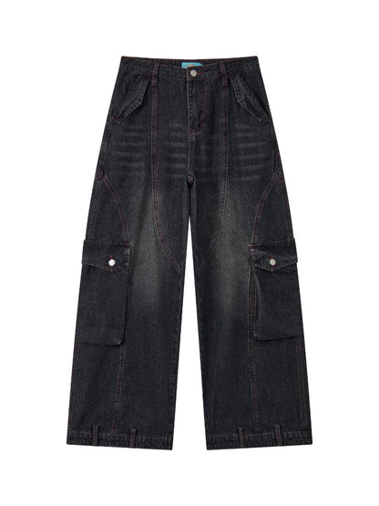 Washed Heavy Industry Vintage Wide-Leg Large Pocket Workwear Jeans【s0000018171】