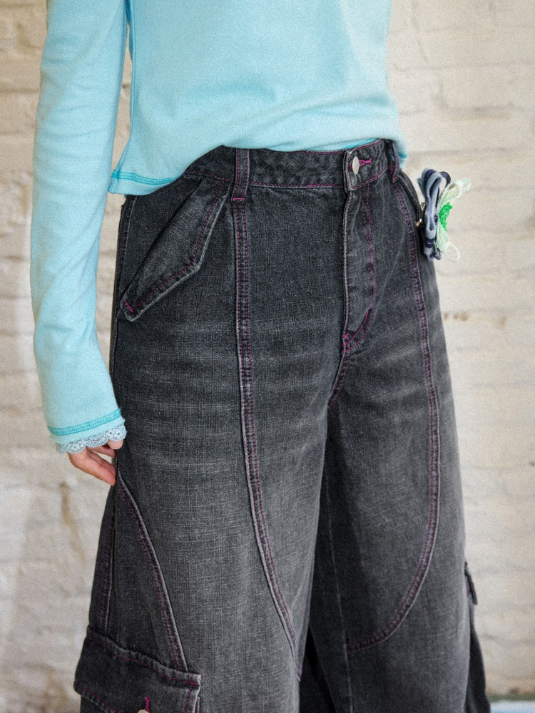 Washed Heavy Industry Vintage Wide-Leg Large Pocket Workwear Jeans【s0000018171】