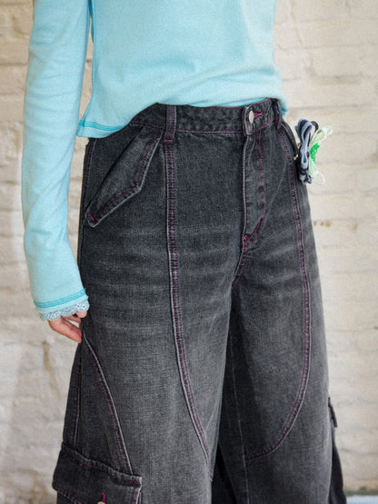 Washed Heavy Industry Vintage Wide-Leg Large Pocket Workwear Jeans【s0000018171】