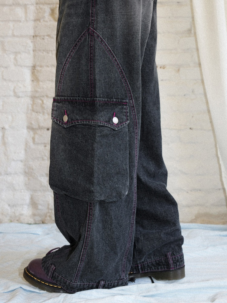 Washed Heavy Industry Vintage Wide-Leg Large Pocket Workwear Jeans【s0000018171】