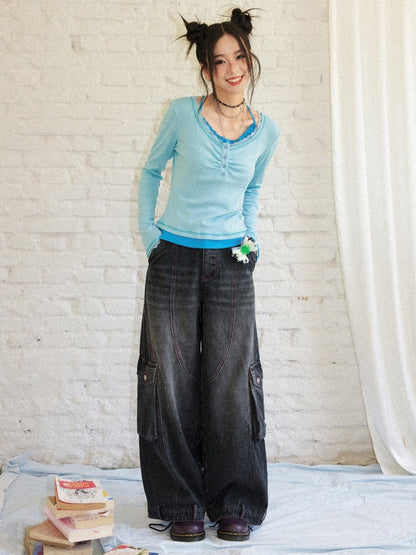 Washed Heavy Industry Vintage Wide-Leg Large Pocket Workwear Jeans【s0000018171】