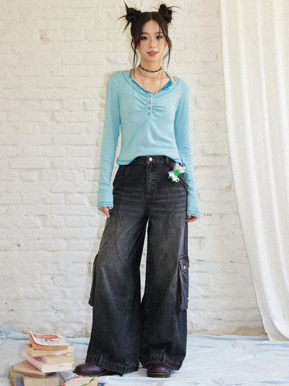 Washed Heavy Industry Vintage Wide-Leg Large Pocket Workwear Jeans【s0000018171】