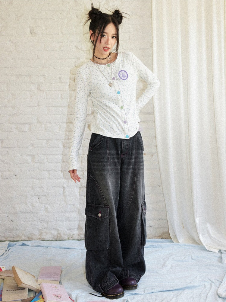 Washed Heavy Industry Vintage Wide-Leg Large Pocket Workwear Jeans【s0000018171】